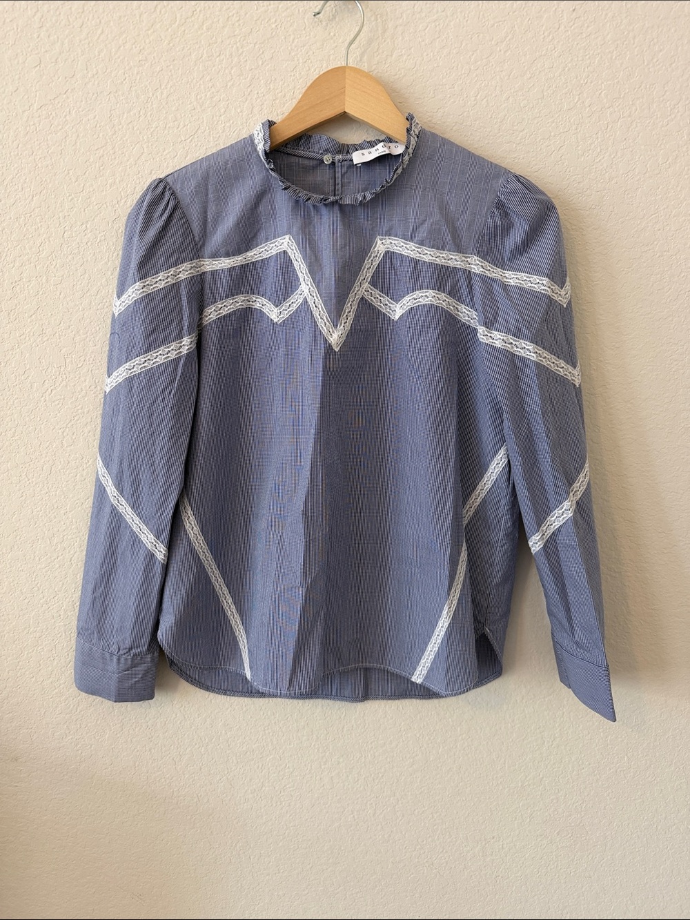 Sandro Paris "Suzan" blue Lace-Trimmed Checked Cotton Blouse Sz 2 ( US 6)